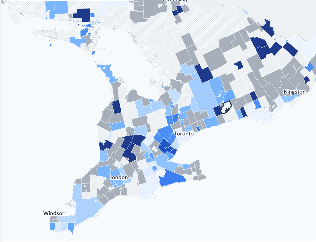 Regional clinic coverage map showing municipalities across southern Ontario